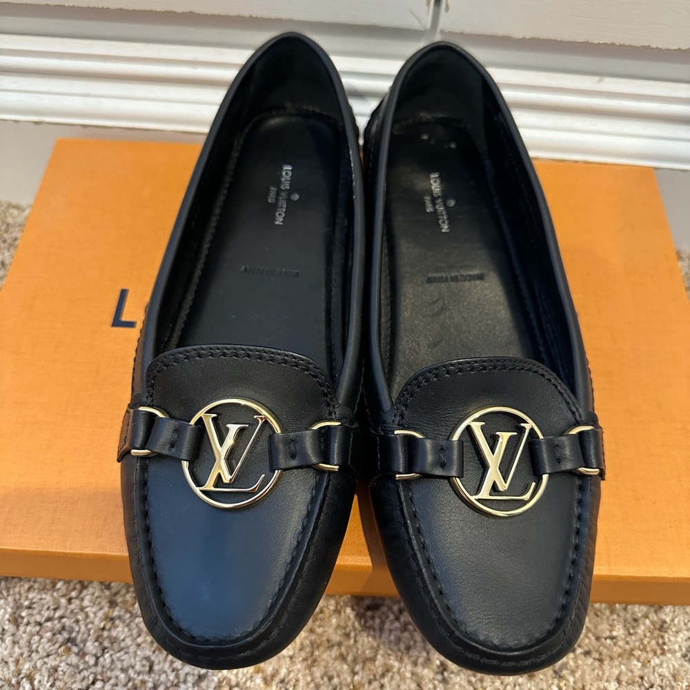 Louis Vuitton Black Loafers with Gold Detailing